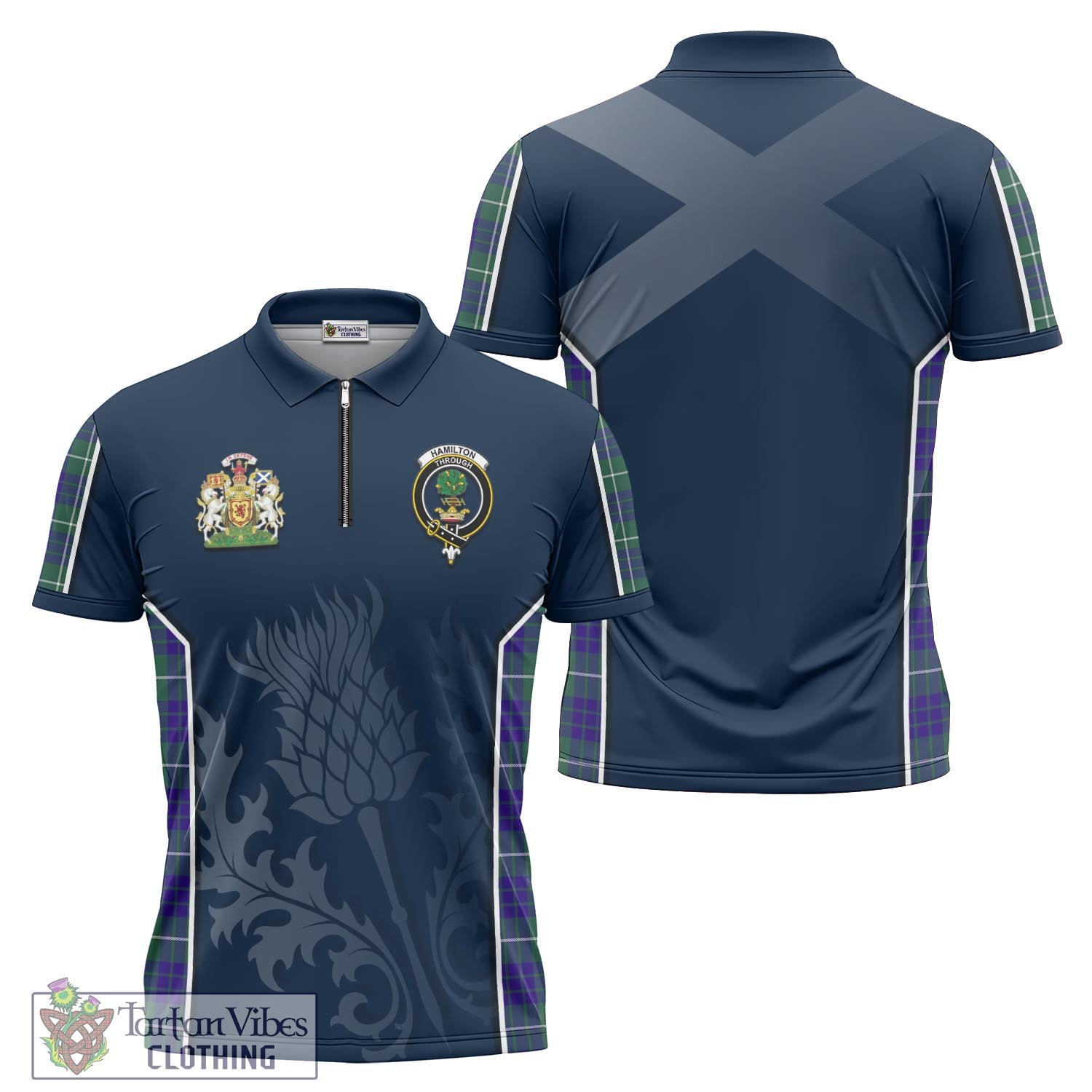 Tartan Vibes Clothing Hamilton Hunting Modern Tartan Zipper Polo Shirt with Family Crest and Scottish Thistle Vibes Sport Style