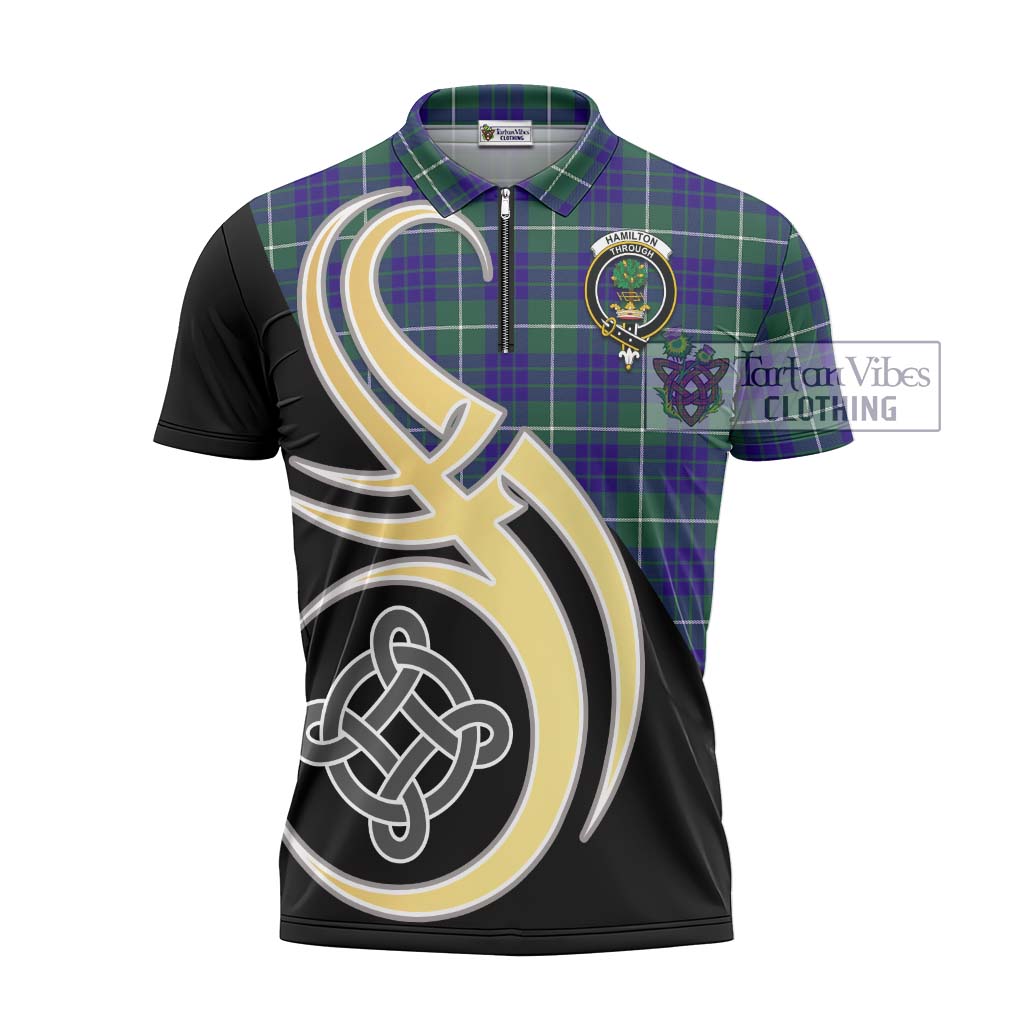 Tartan Vibes Clothing Hamilton Hunting Modern Tartan Zipper Polo Shirt with Family Crest and Celtic Symbol Style