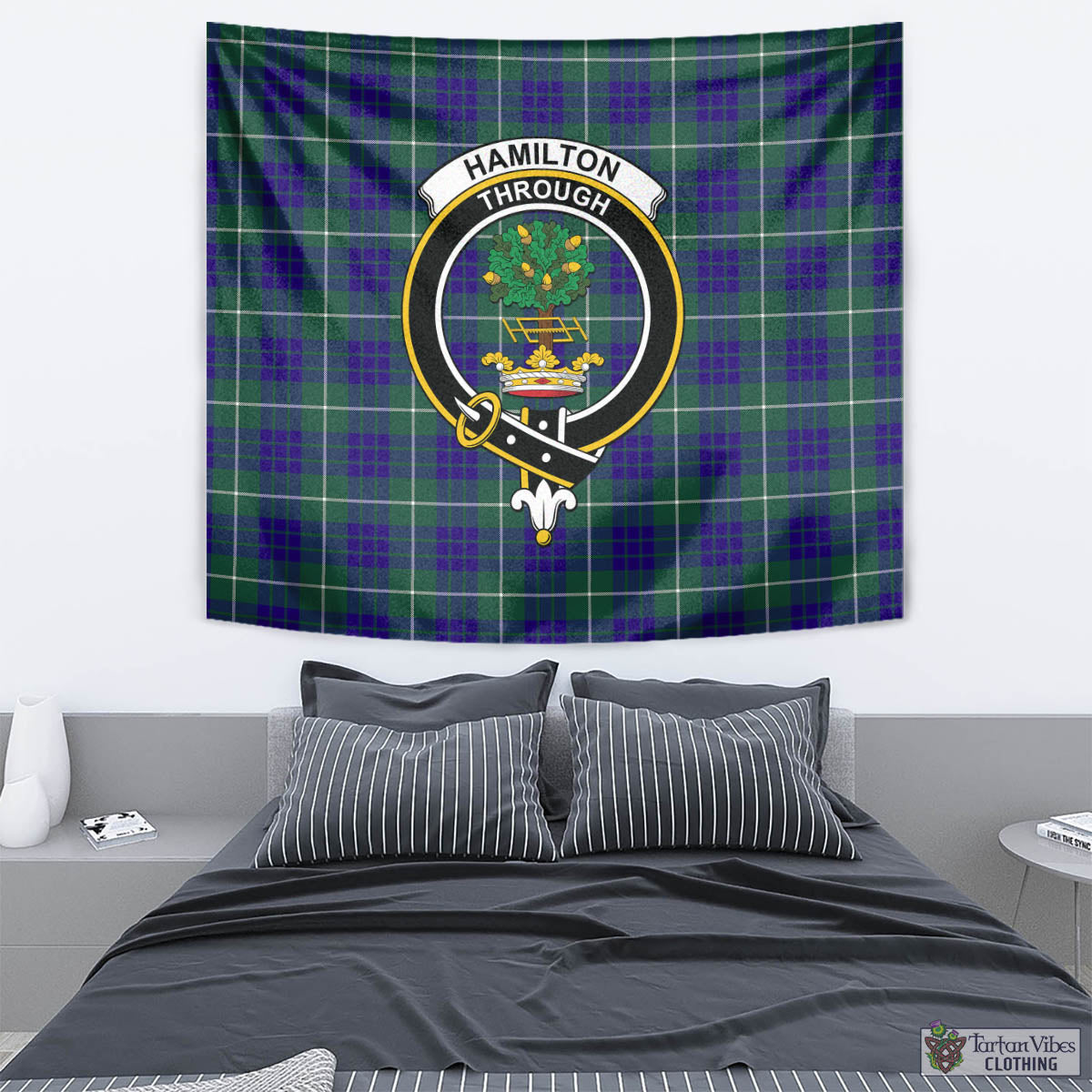 Tartan Vibes Clothing Hamilton Hunting Modern Tartan Tapestry Wall Hanging and Home Decor for Room with Family Crest