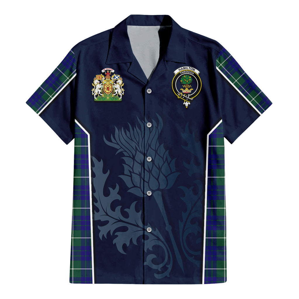 Tartan Vibes Clothing Hamilton Hunting Modern Tartan Short Sleeve Button Up Shirt with Family Crest and Scottish Thistle Vibes Sport Style