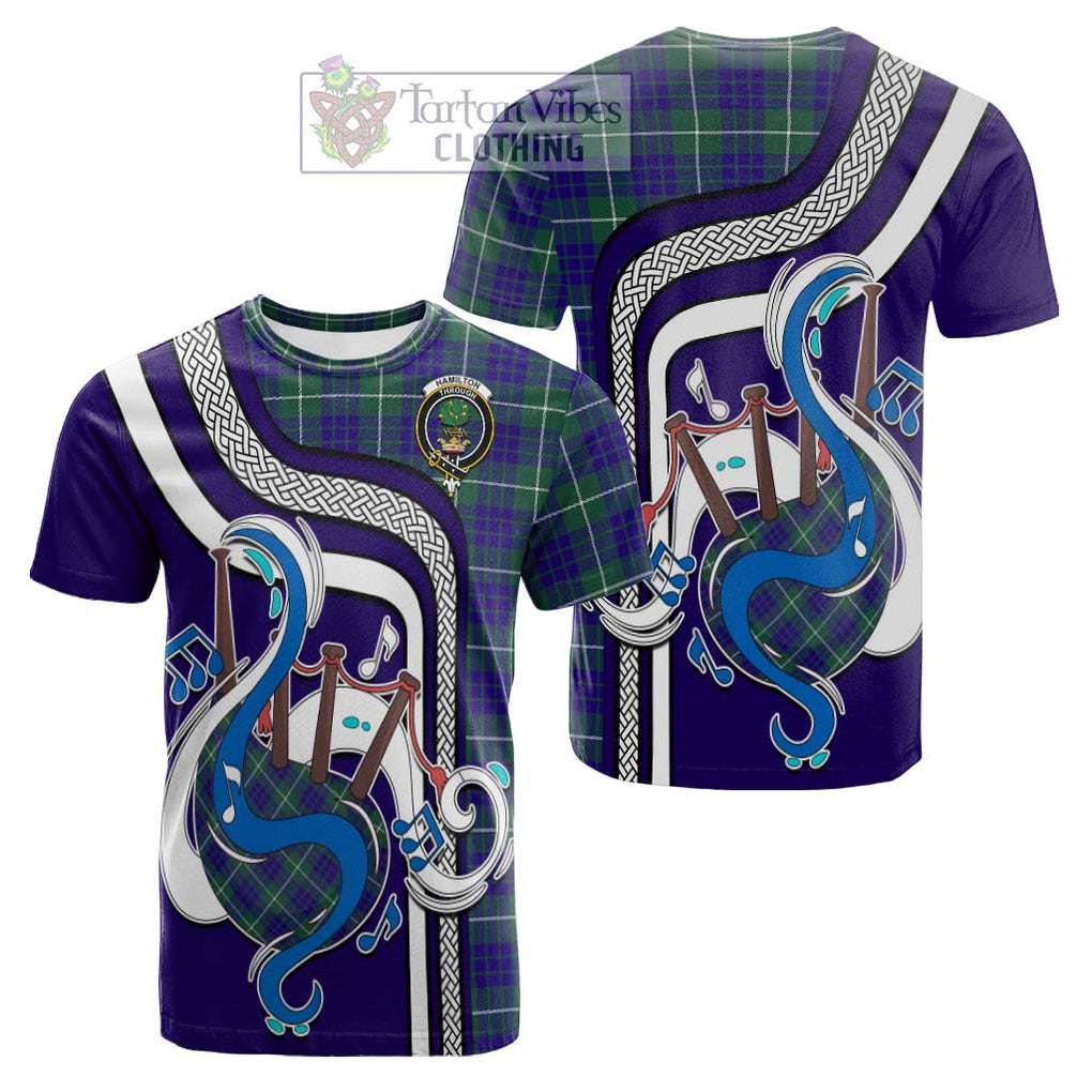 Tartan Vibes Clothing Hamilton Hunting Modern Tartan Cotton T-shirt with Epic Bagpipe Style