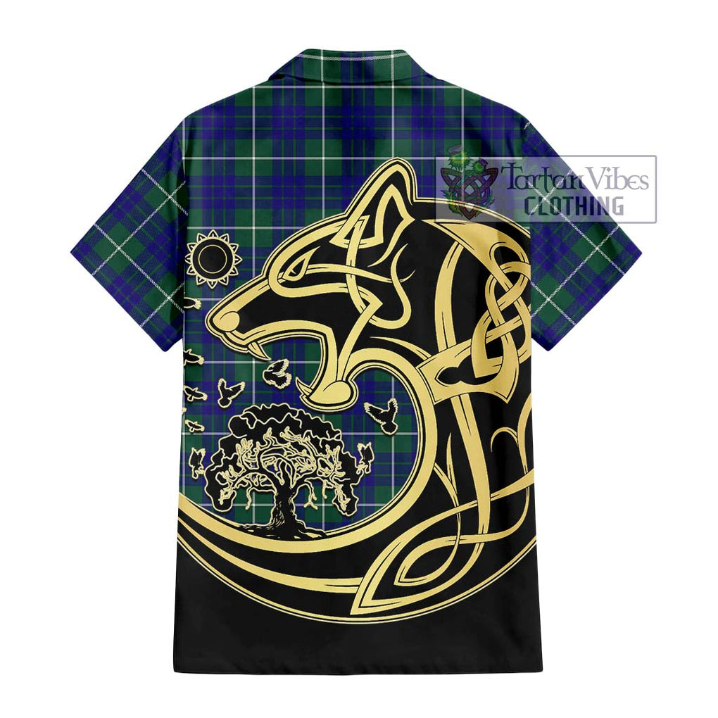 Hamilton Hunting Modern Tartan Short Sleeve Button Shirt with Family Crest Celtic Wolf Style - Tartan Vibes Clothing