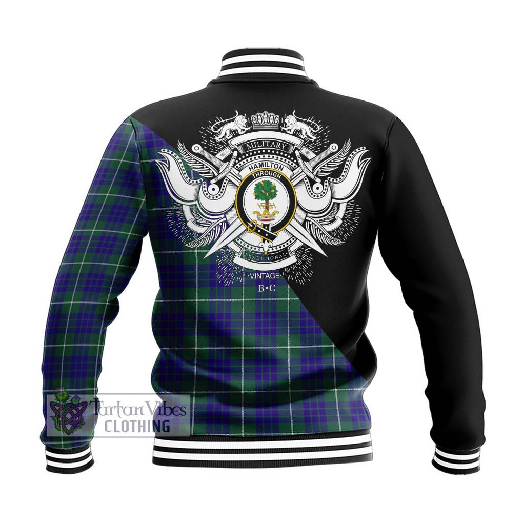 Hamilton Hunting Modern Tartan Baseball Jacket with Family Crest and Military Logo Style - Tartanvibesclothing Shop