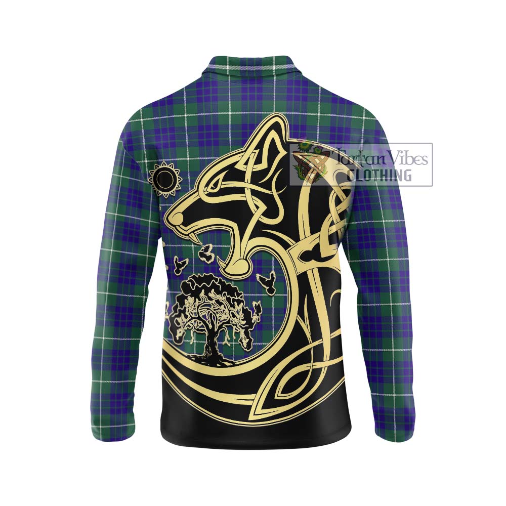 Hamilton Hunting Modern Tartan Long Sleeve Polo Shirt with Family Crest Celtic Wolf Style - Tartanvibesclothing Shop