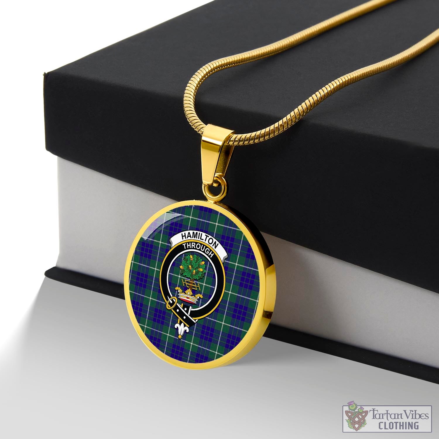 Tartan Vibes Clothing Hamilton Hunting Modern Tartan Circle Necklace with Family Crest