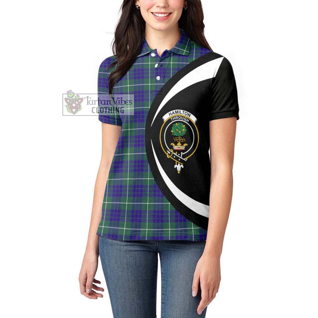 Hamilton Hunting Modern Tartan Women's Polo Shirt with Family Crest Circle Style - Tartan Vibes Clothing