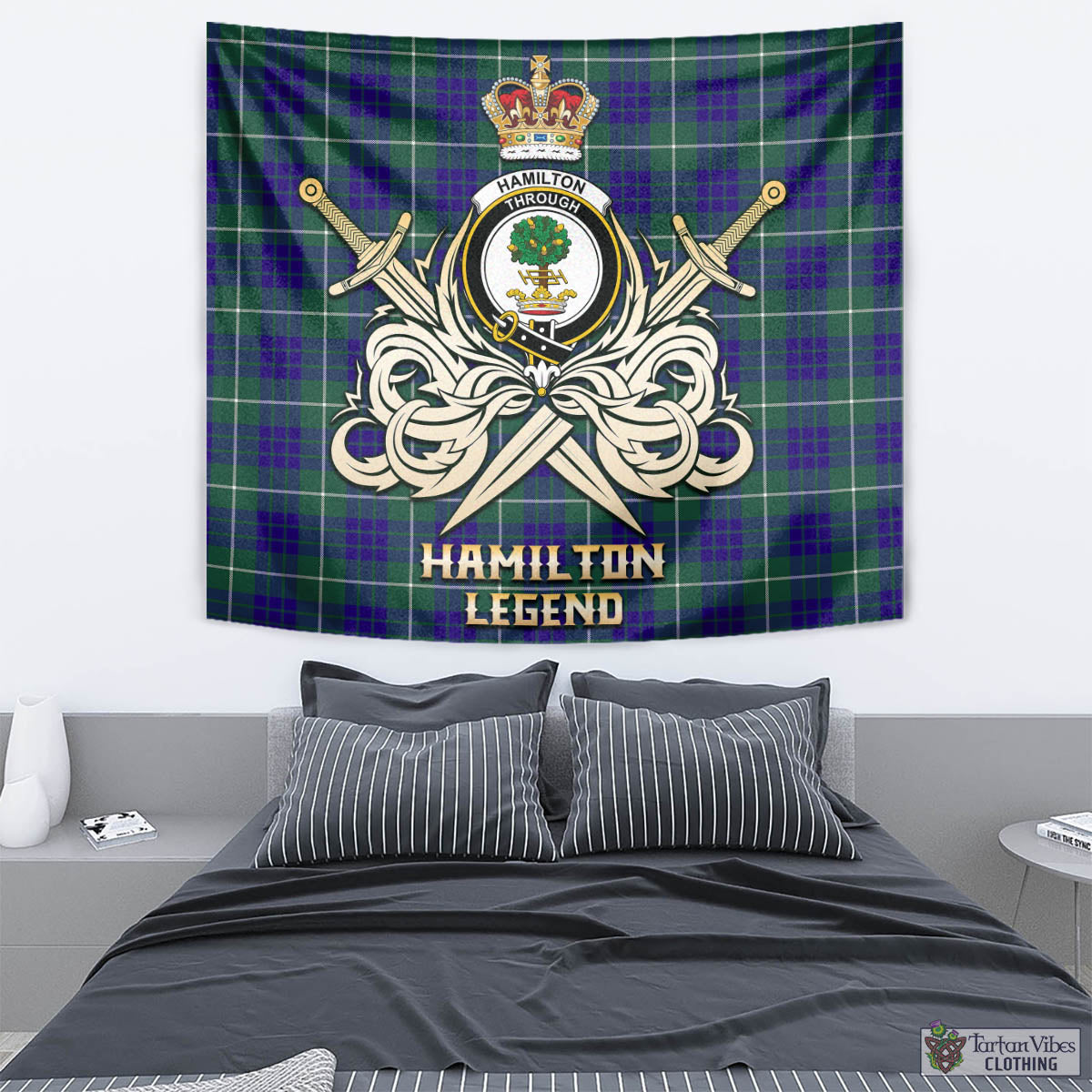 Tartan Vibes Clothing Hamilton Hunting Modern Tartan Tapestry with Clan Crest and the Golden Sword of Courageous Legacy