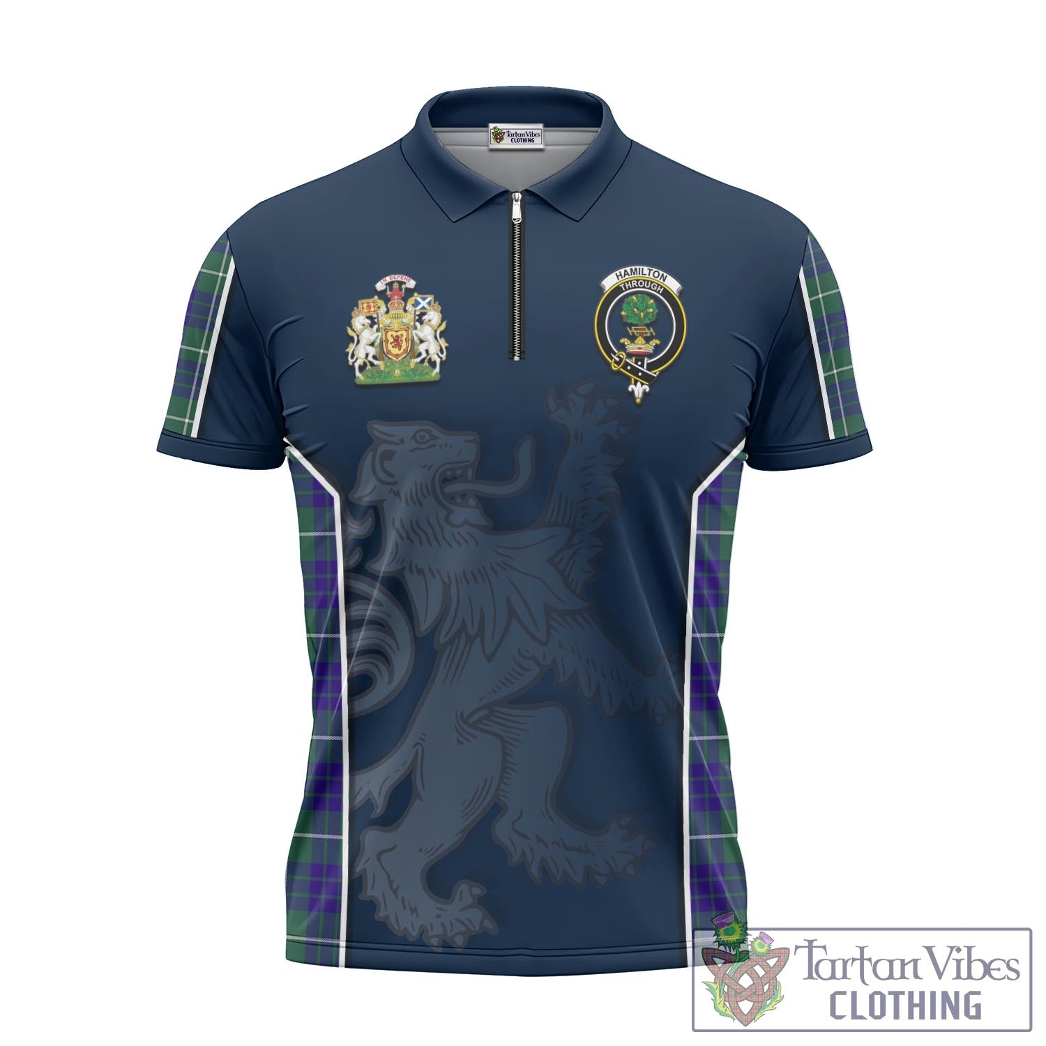 Tartan Vibes Clothing Hamilton Hunting Modern Tartan Zipper Polo Shirt with Family Crest and Lion Rampant Vibes Sport Style