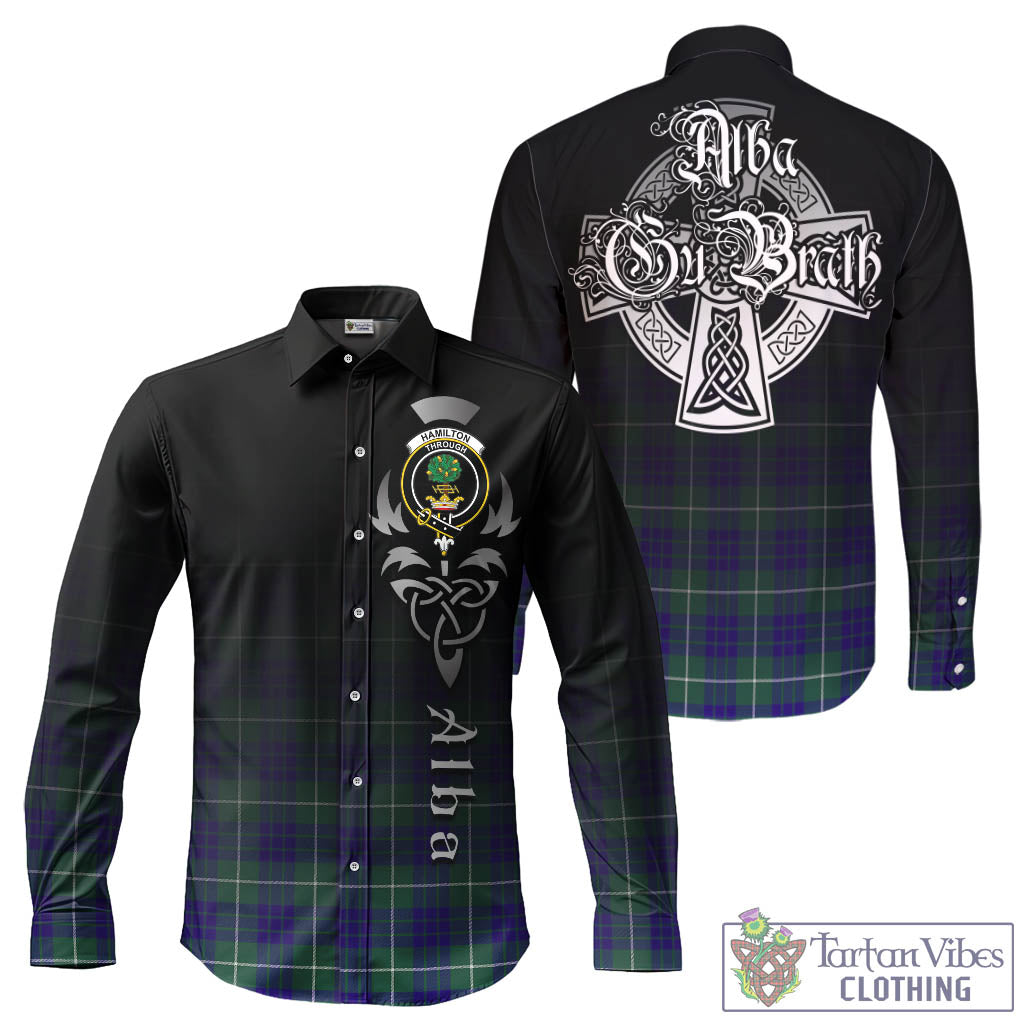 Tartan Vibes Clothing Hamilton Hunting Modern Tartan Long Sleeve Button Up Featuring Alba Gu Brath Family Crest Celtic Inspired