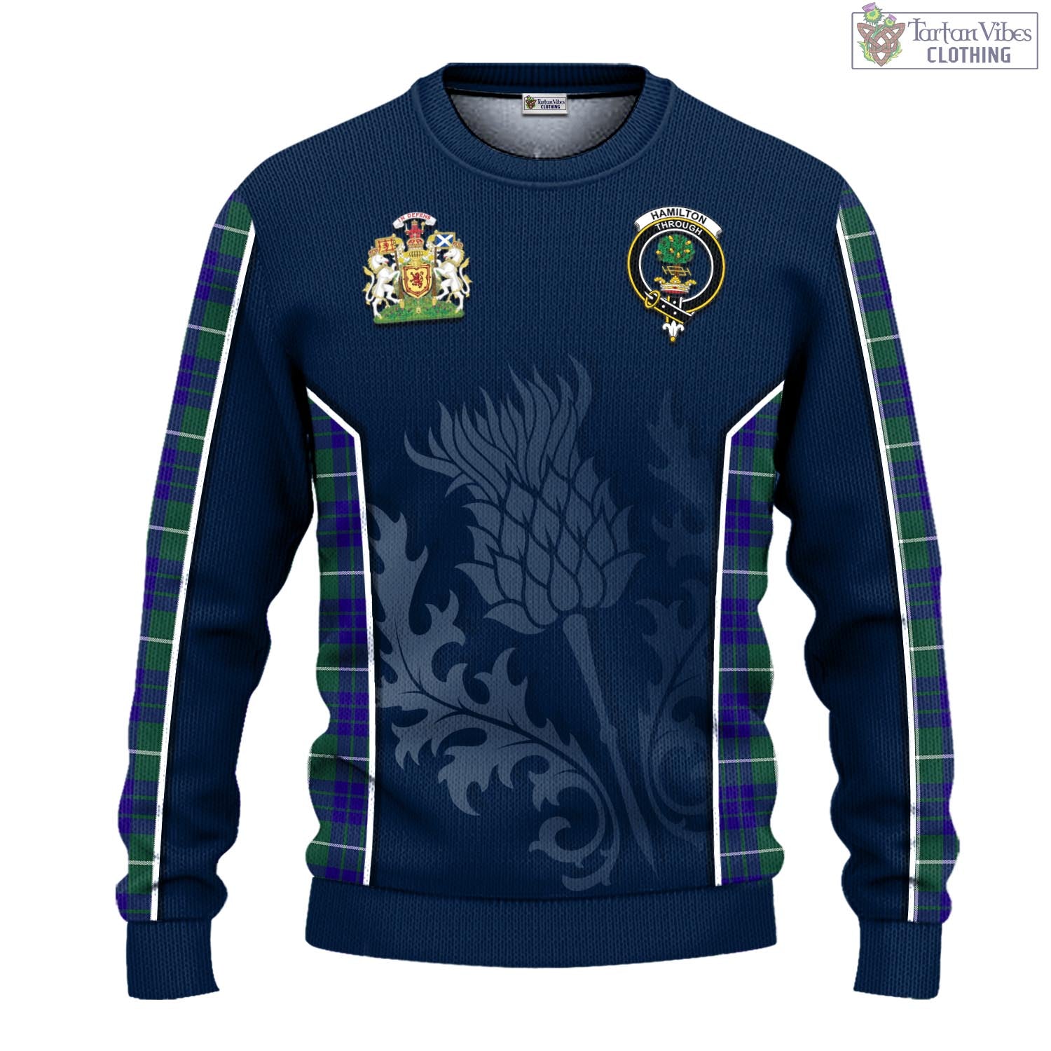 Tartan Vibes Clothing Hamilton Hunting Modern Tartan Knitted Sweatshirt with Family Crest and Scottish Thistle Vibes Sport Style