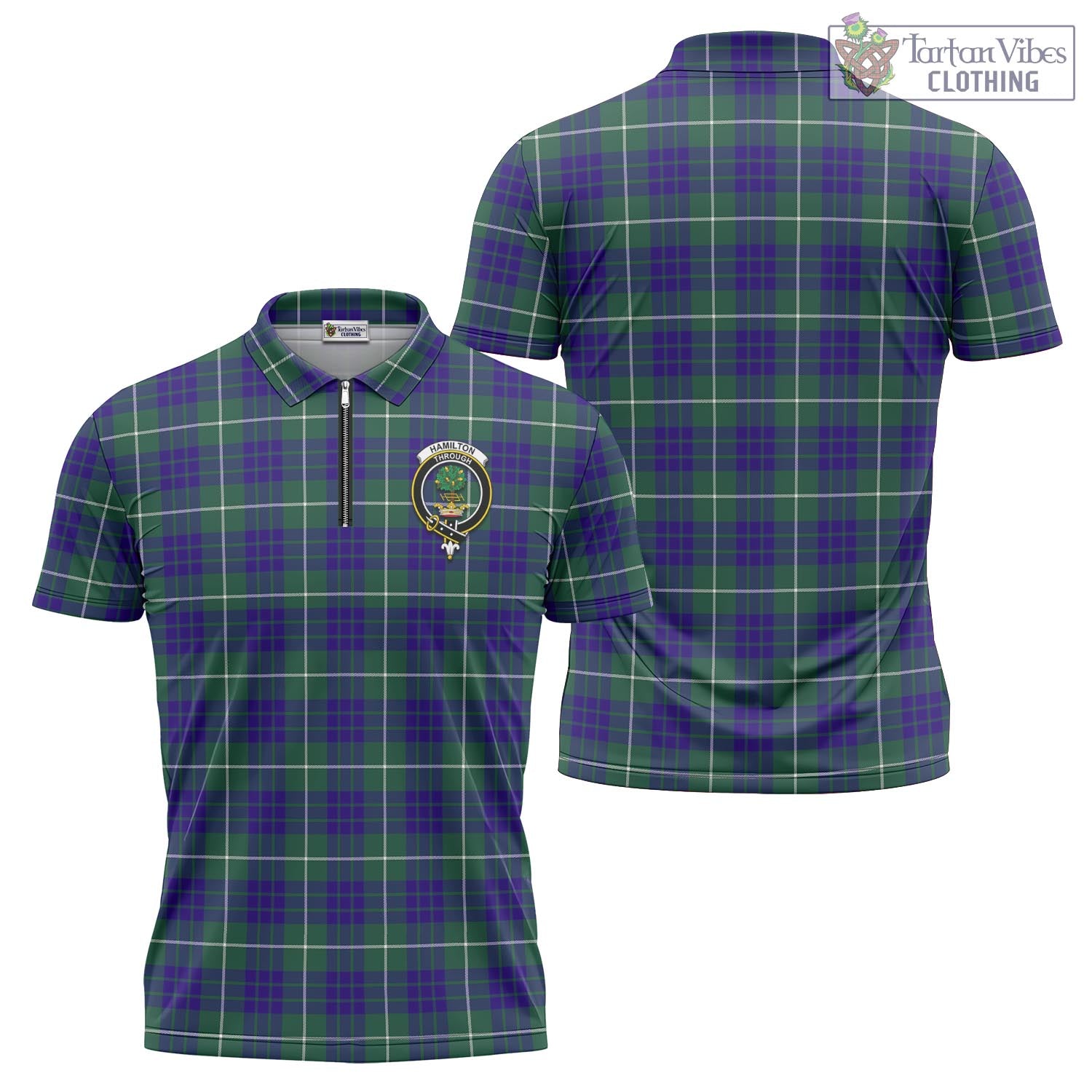 Tartan Vibes Clothing Hamilton Hunting Modern Tartan Zipper Polo Shirt with Family Crest