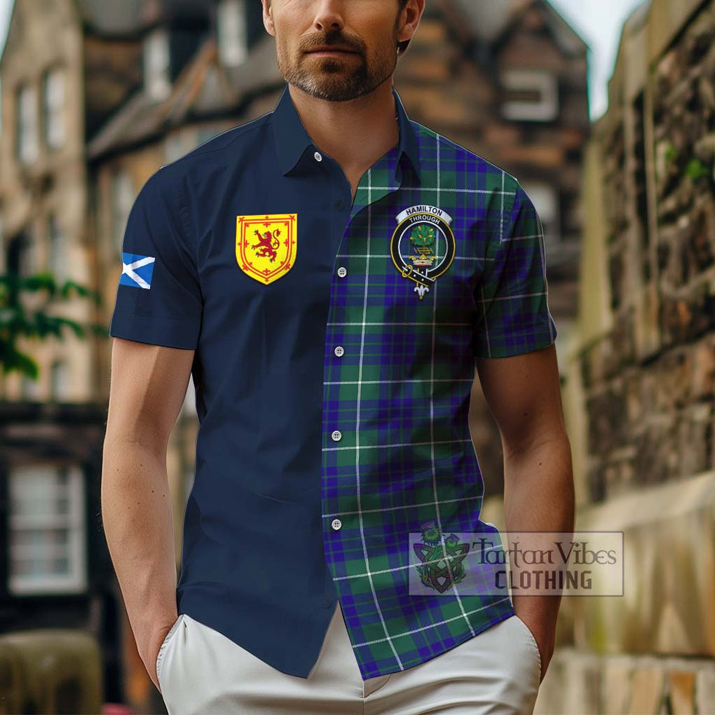 Tartan Vibes Clothing Hamilton Hunting Modern Tartan Short Sleeve Button Shirt with Scottish Lion Royal Arm Half Style