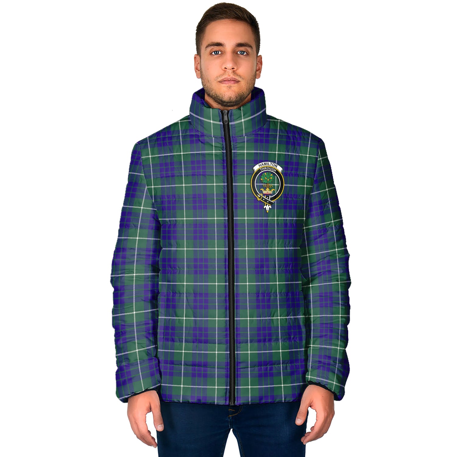 Hamilton Hunting Modern Tartan Padded Jacket with Family Crest - Tartan Vibes Clothing