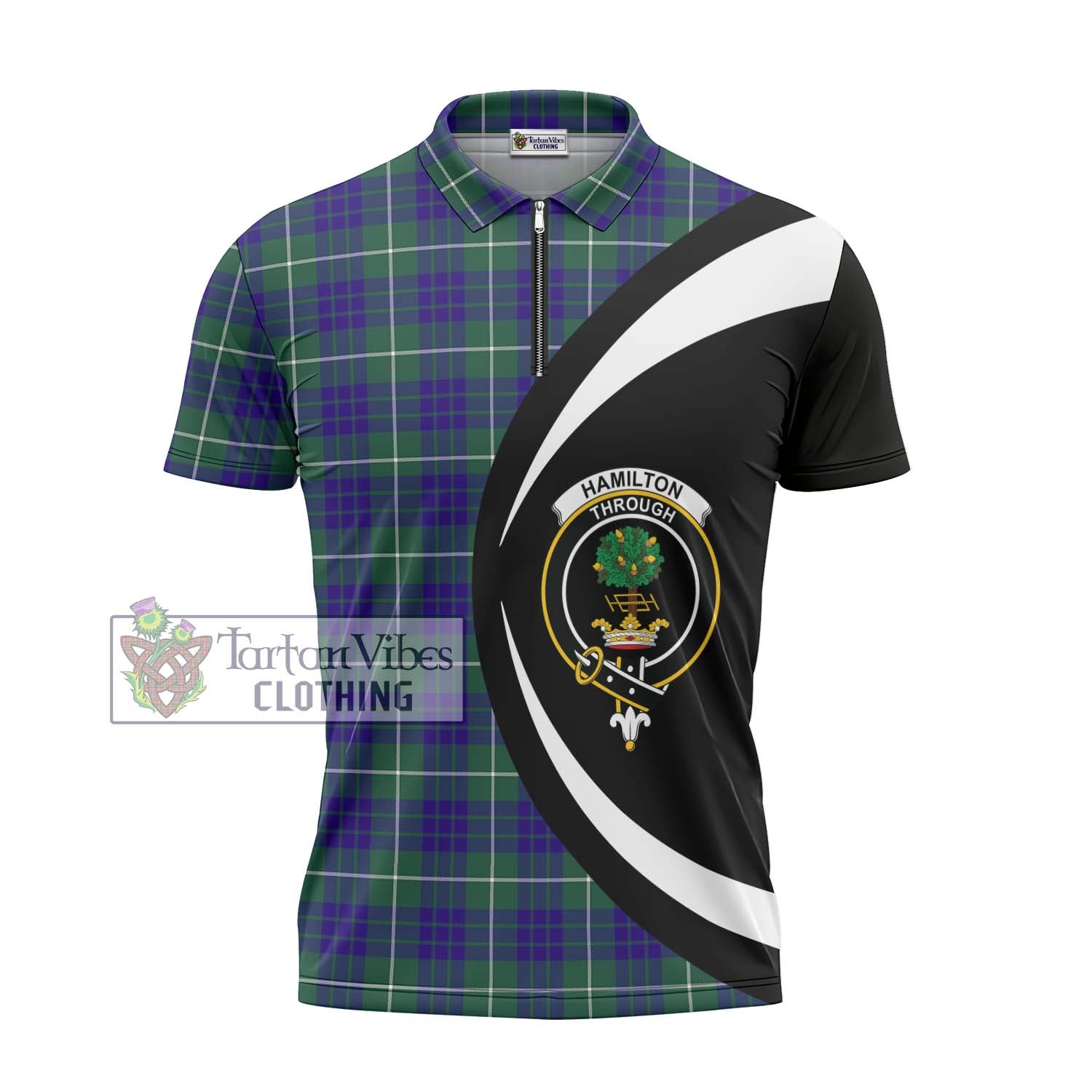 Tartan Vibes Clothing Hamilton Hunting Modern Tartan Zipper Polo Shirt with Family Crest Circle Style