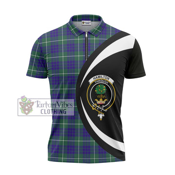 Hamilton Hunting Modern Tartan Zipper Polo Shirt with Family Crest Circle Style