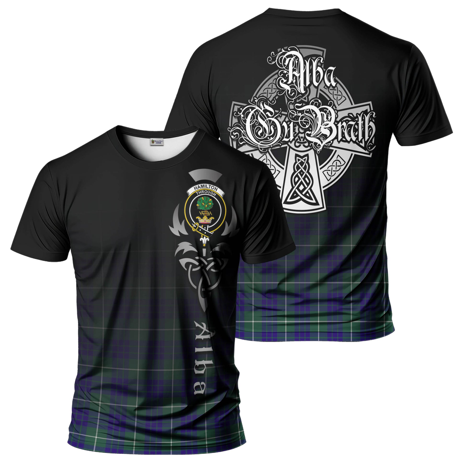 Tartan Vibes Clothing Hamilton Hunting Modern Tartan T-Shirt Featuring Alba Gu Brath Family Crest Celtic Inspired