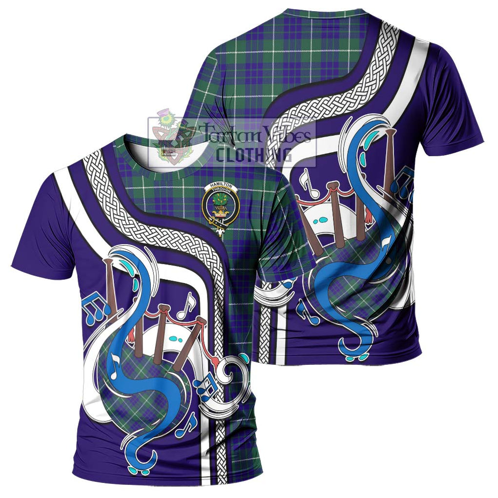 Hamilton Hunting Modern Tartan T-Shirt with Epic Bagpipe Style - Tartanvibesclothing Shop