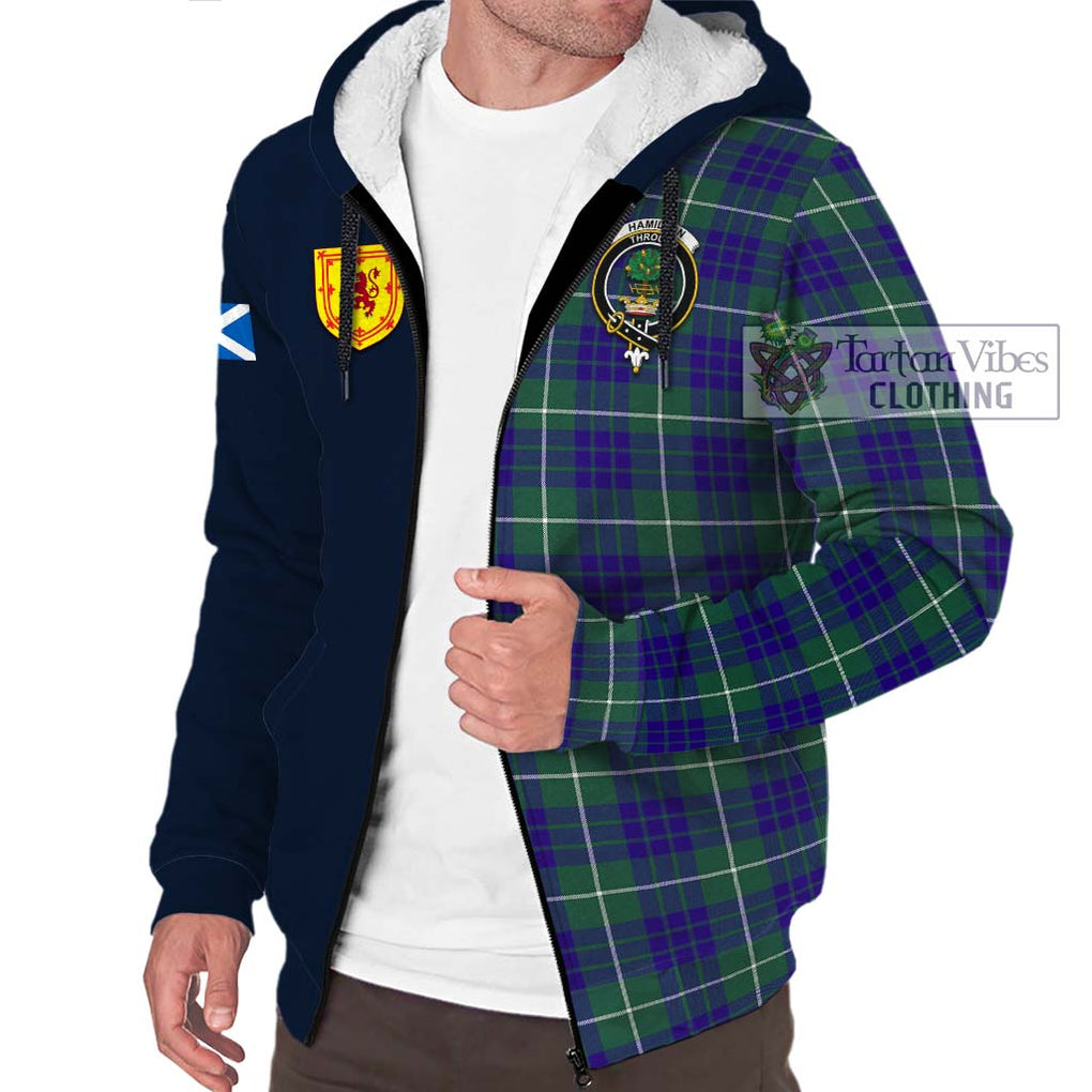 Tartan Vibes Clothing Hamilton Hunting Modern Tartan Sherpa Hoodie with Scottish Lion Royal Arm Half Style