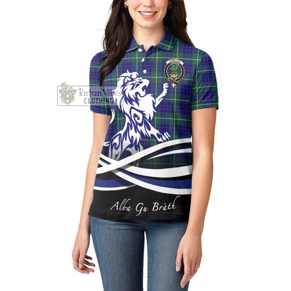 Hamilton Hunting Modern Tartan Women's Polo Shirt with Alba Gu Brath Regal Lion Emblem - Tartanvibesclothing Shop