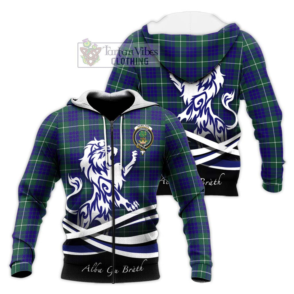 Hamilton Hunting Modern Tartan Knitted Hoodie with Alba Gu Brath Regal Lion Emblem Unisex Knitted Zip Hoodie - Tartanvibesclothing Shop