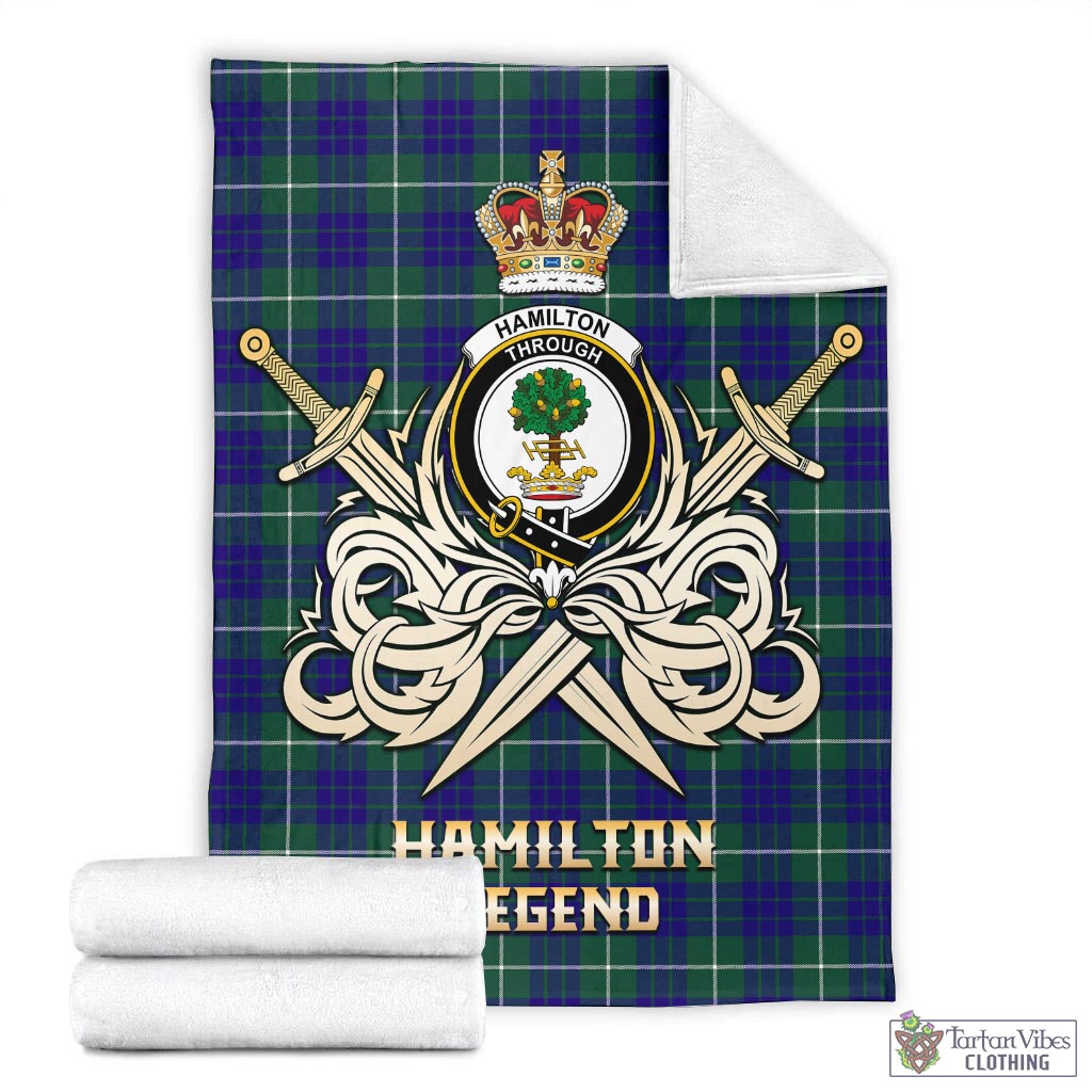 Tartan Vibes Clothing Hamilton Hunting Modern Tartan Blanket with Clan Crest and the Golden Sword of Courageous Legacy