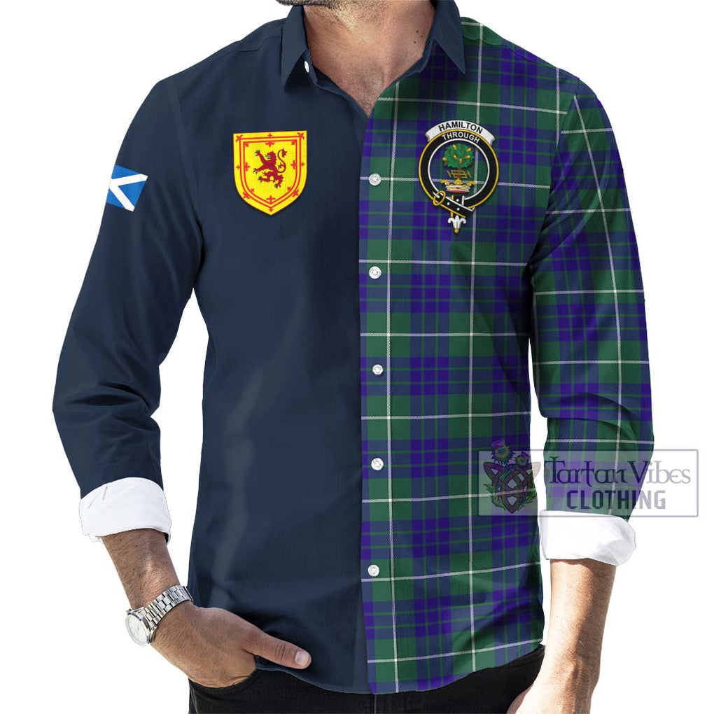 Tartan Vibes Clothing Hamilton Hunting Modern Tartan Long Sleeve Button Shirt with Scottish Lion Royal Arm Half Style