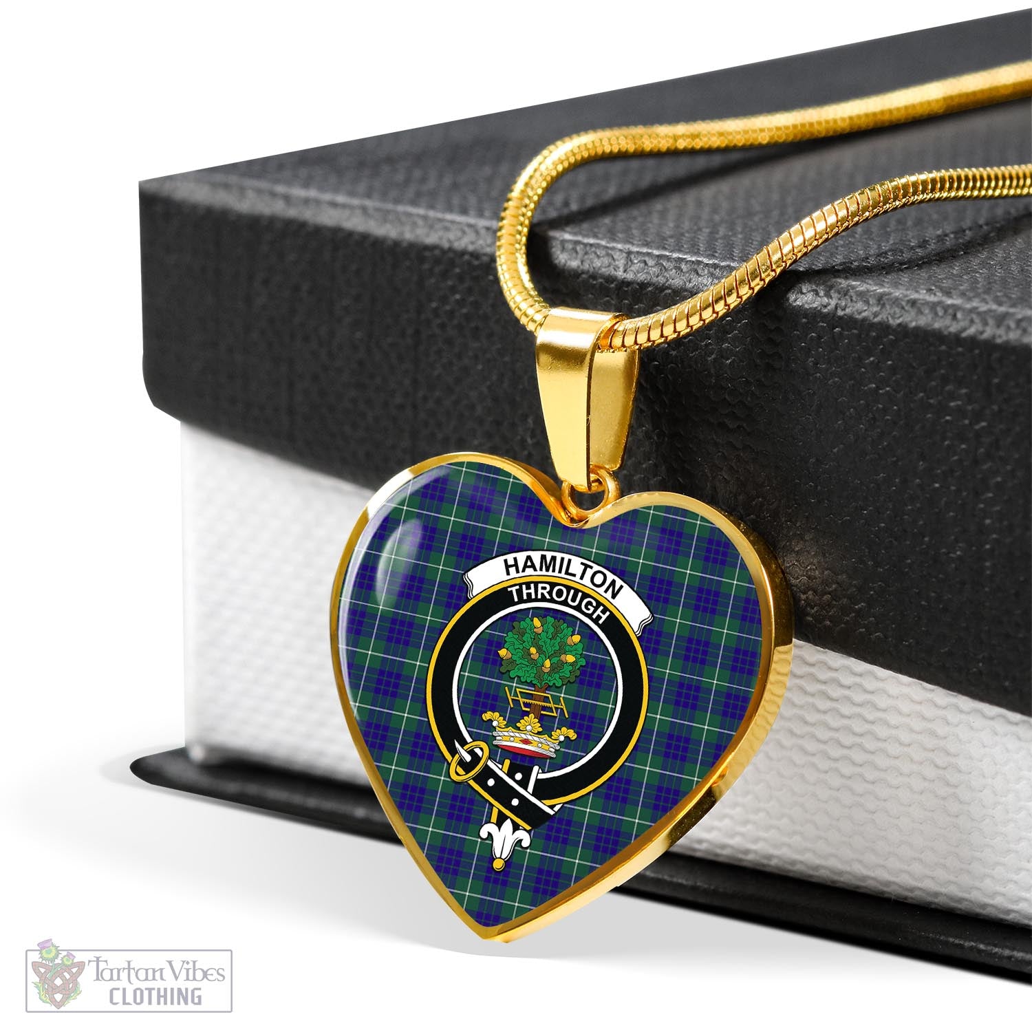 Tartan Vibes Clothing Hamilton Hunting Modern Tartan Heart Necklace with Family Crest