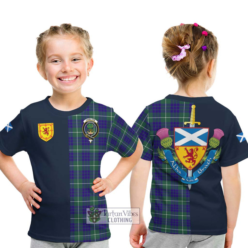 Tartan Vibes Clothing Hamilton Hunting Modern Tartan Kid T-Shirt with Scottish Lion Royal Arm Half Style