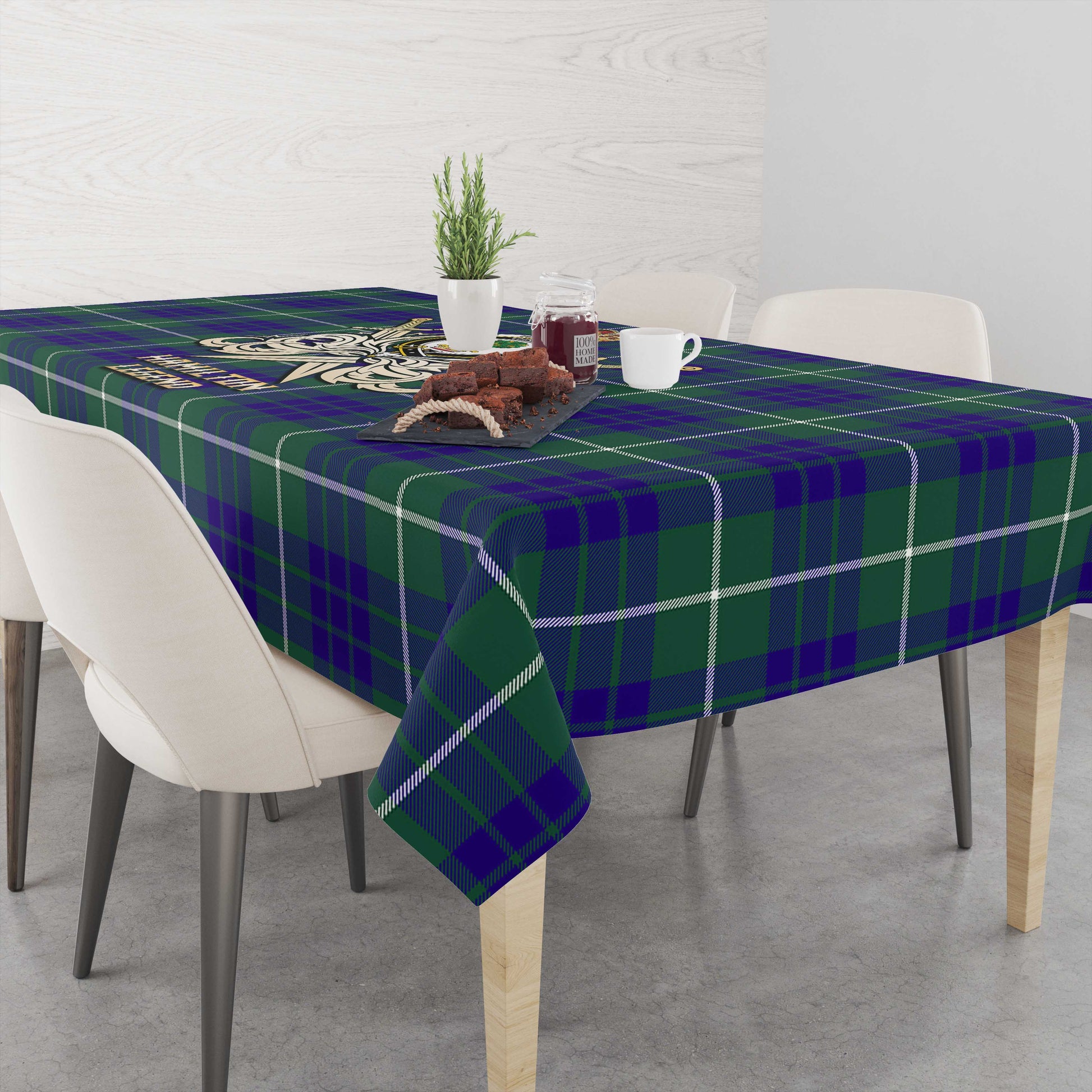 Tartan Vibes Clothing Hamilton Hunting Modern Tartan Tablecloth with Clan Crest and the Golden Sword of Courageous Legacy