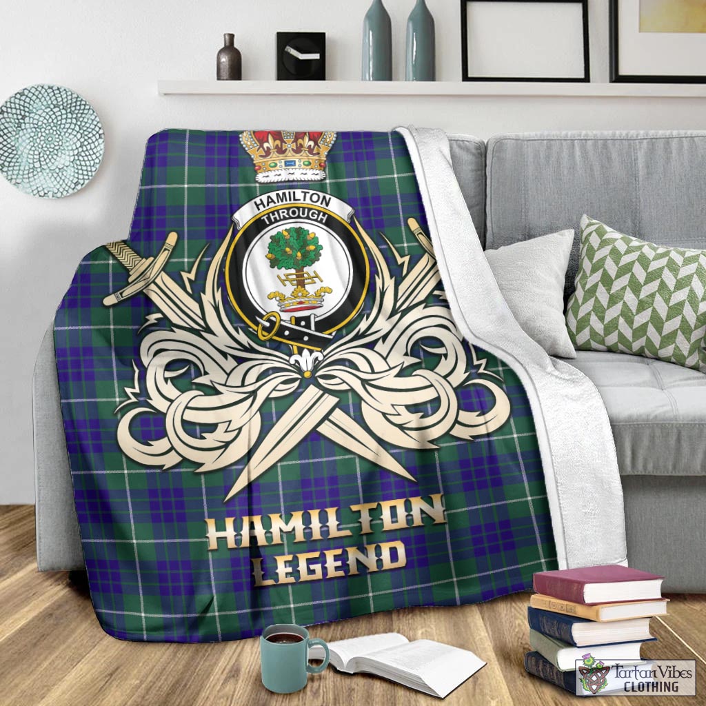 Tartan Vibes Clothing Hamilton Hunting Modern Tartan Blanket with Clan Crest and the Golden Sword of Courageous Legacy