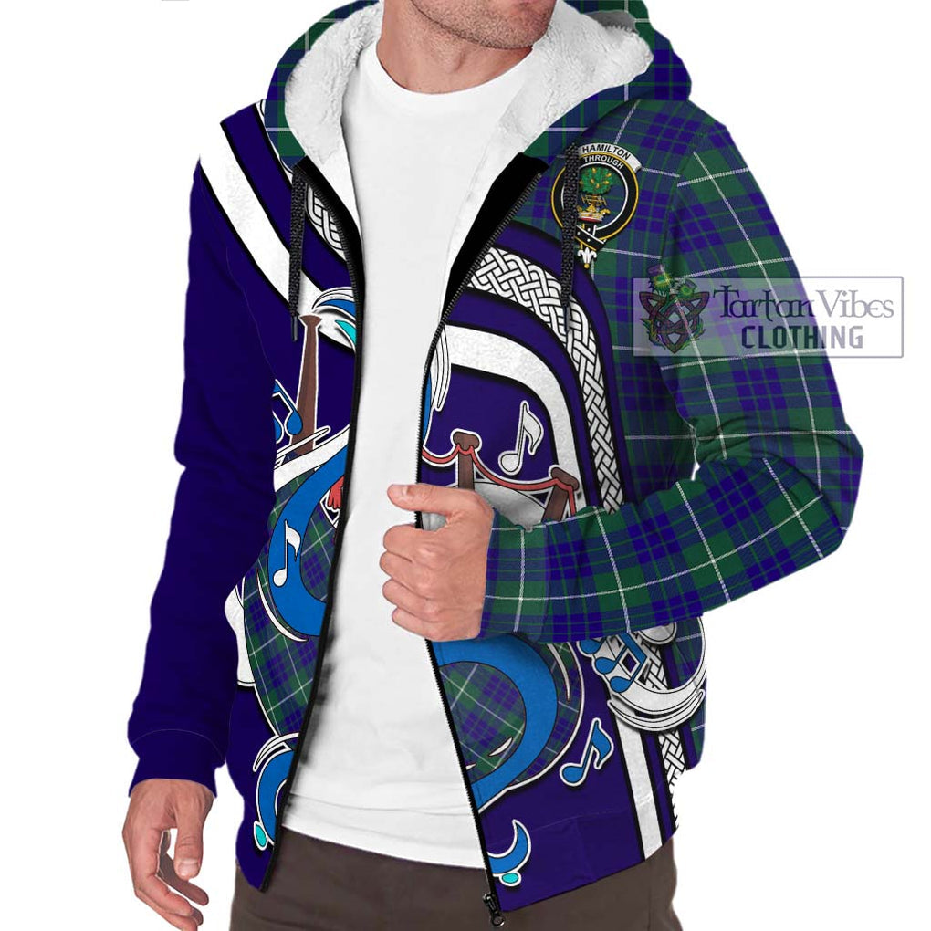 Hamilton Hunting Modern Tartan Sherpa Hoodie with Epic Bagpipe Style Unisex - Tartanvibesclothing Shop