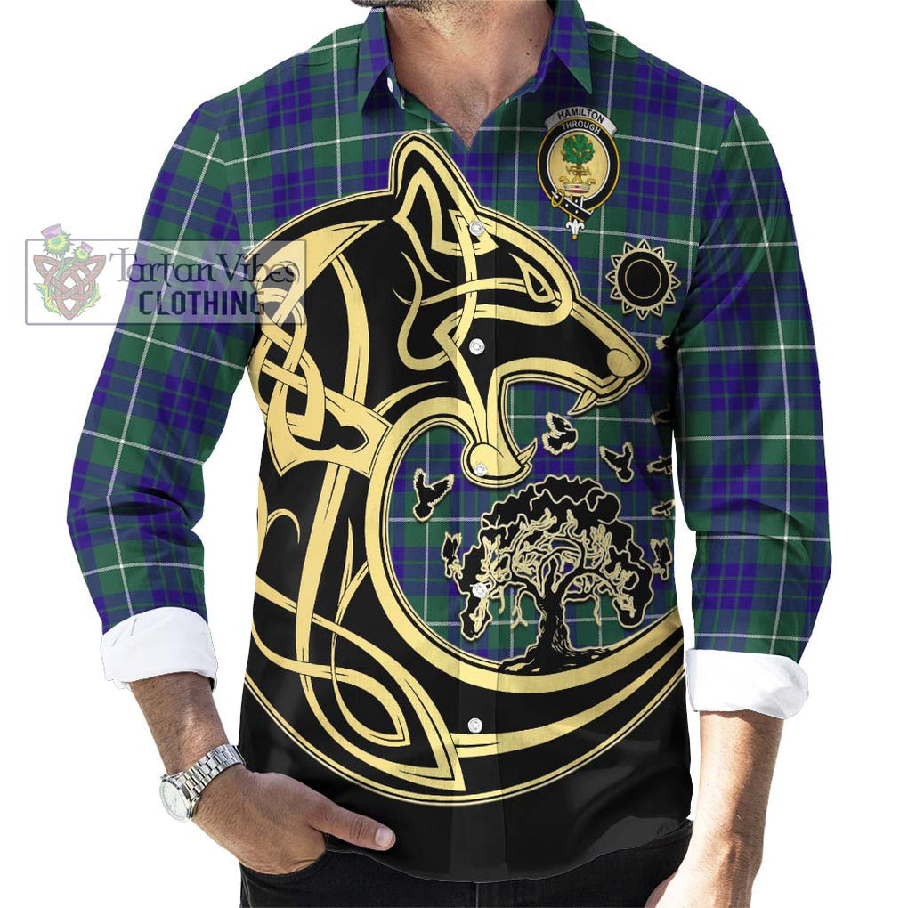 Hamilton Hunting Modern Tartan Long Sleeve Button Shirt with Family Crest Celtic Wolf Style - Tartan Vibes Clothing