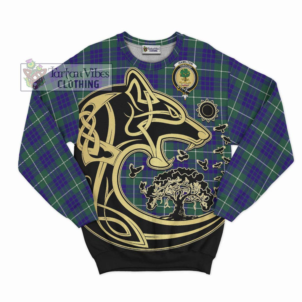 Hamilton Hunting Modern Tartan Sweatshirt with Family Crest Celtic Wolf Style - Tartan Vibes Clothing