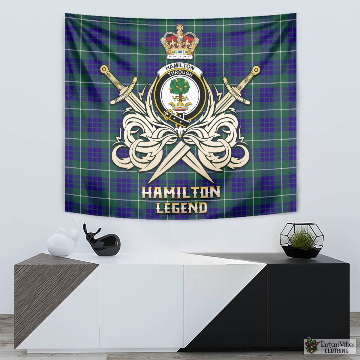 Tartan Vibes Clothing Hamilton Hunting Modern Tartan Tapestry with Clan Crest and the Golden Sword of Courageous Legacy