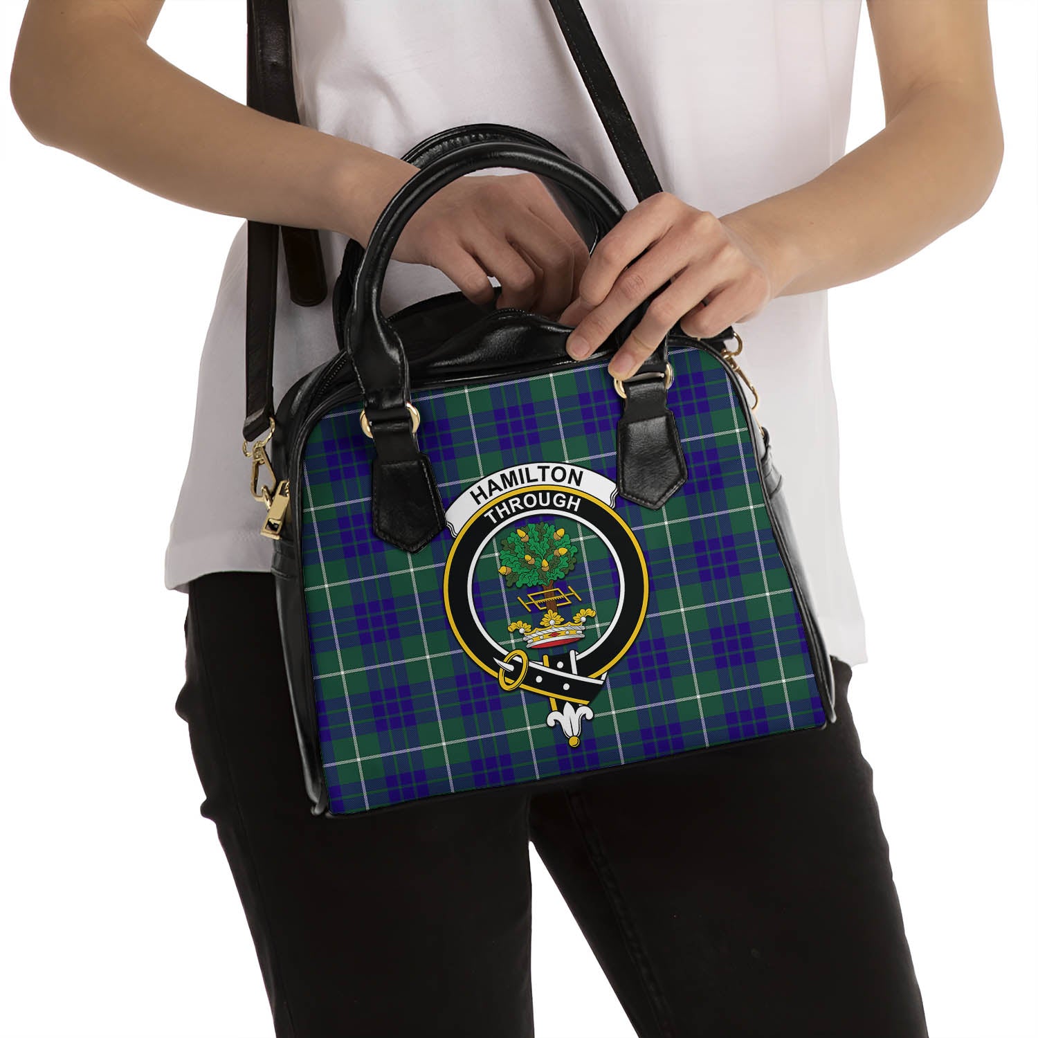 Hamilton Hunting Modern Tartan Shoulder Handbags with Family Crest - Tartanvibesclothing