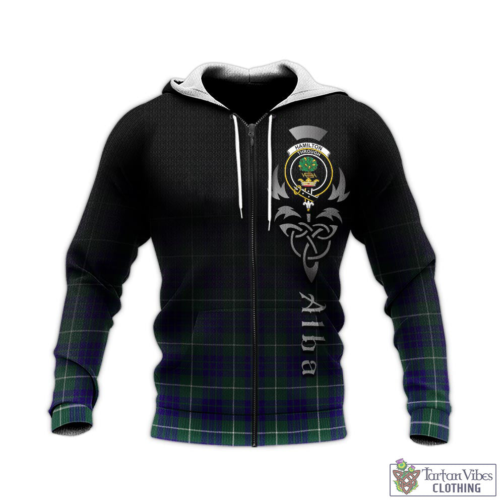 Tartan Vibes Clothing Hamilton Hunting Modern Tartan Knitted Hoodie Featuring Alba Gu Brath Family Crest Celtic Inspired