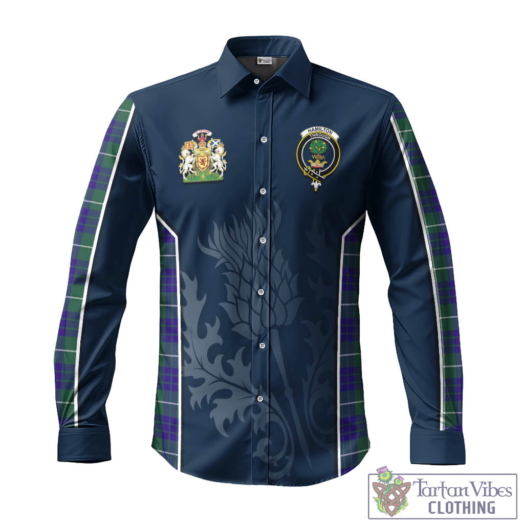 Tartan Vibes Clothing Hamilton Hunting Modern Tartan Long Sleeve Button Up Shirt with Family Crest and Scottish Thistle Vibes Sport Style