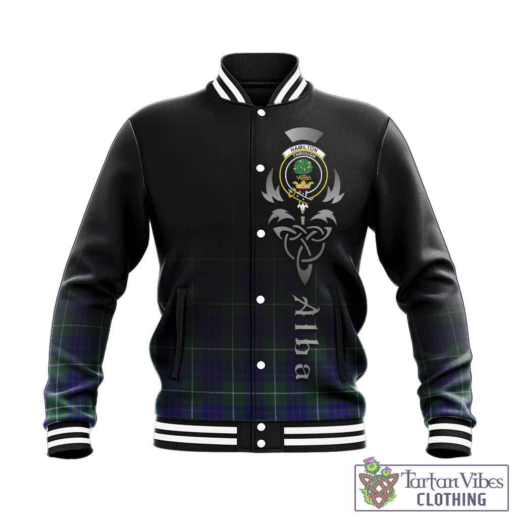 Tartan Vibes Clothing Hamilton Hunting Modern Tartan Baseball Jacket Featuring Alba Gu Brath Family Crest Celtic Inspired