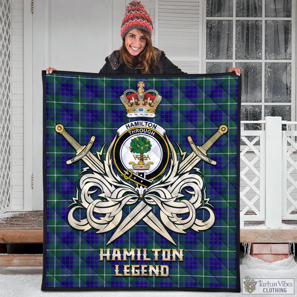 Tartan Vibes Clothing Hamilton Hunting Modern Tartan Quilt with Clan Crest and the Golden Sword of Courageous Legacy