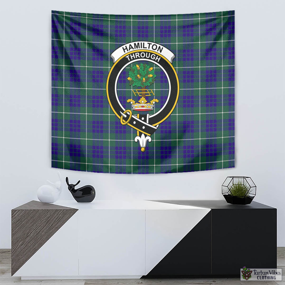 Tartan Vibes Clothing Hamilton Hunting Modern Tartan Tapestry Wall Hanging and Home Decor for Room with Family Crest