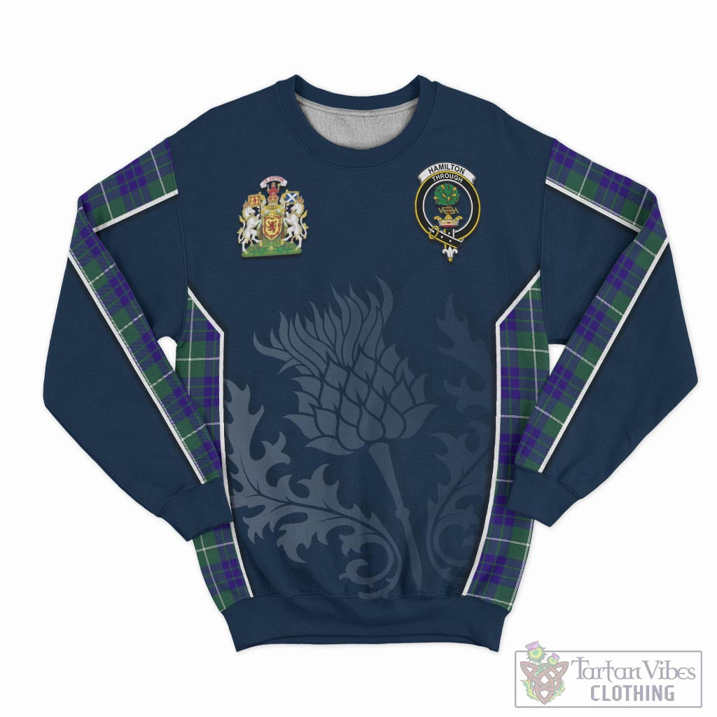 Tartan Vibes Clothing Hamilton Hunting Modern Tartan Sweatshirt with Family Crest and Scottish Thistle Vibes Sport Style