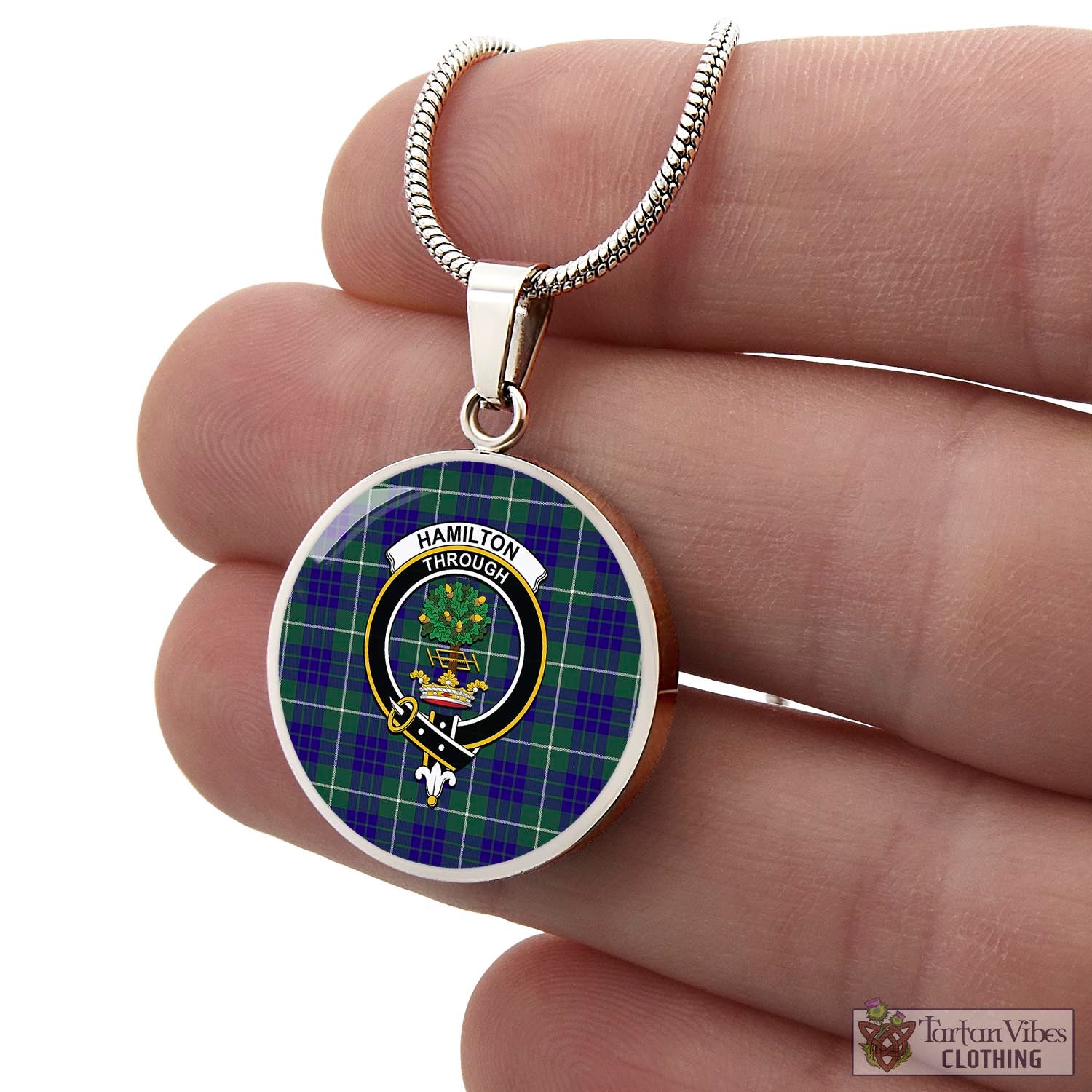 Tartan Vibes Clothing Hamilton Hunting Modern Tartan Circle Necklace with Family Crest