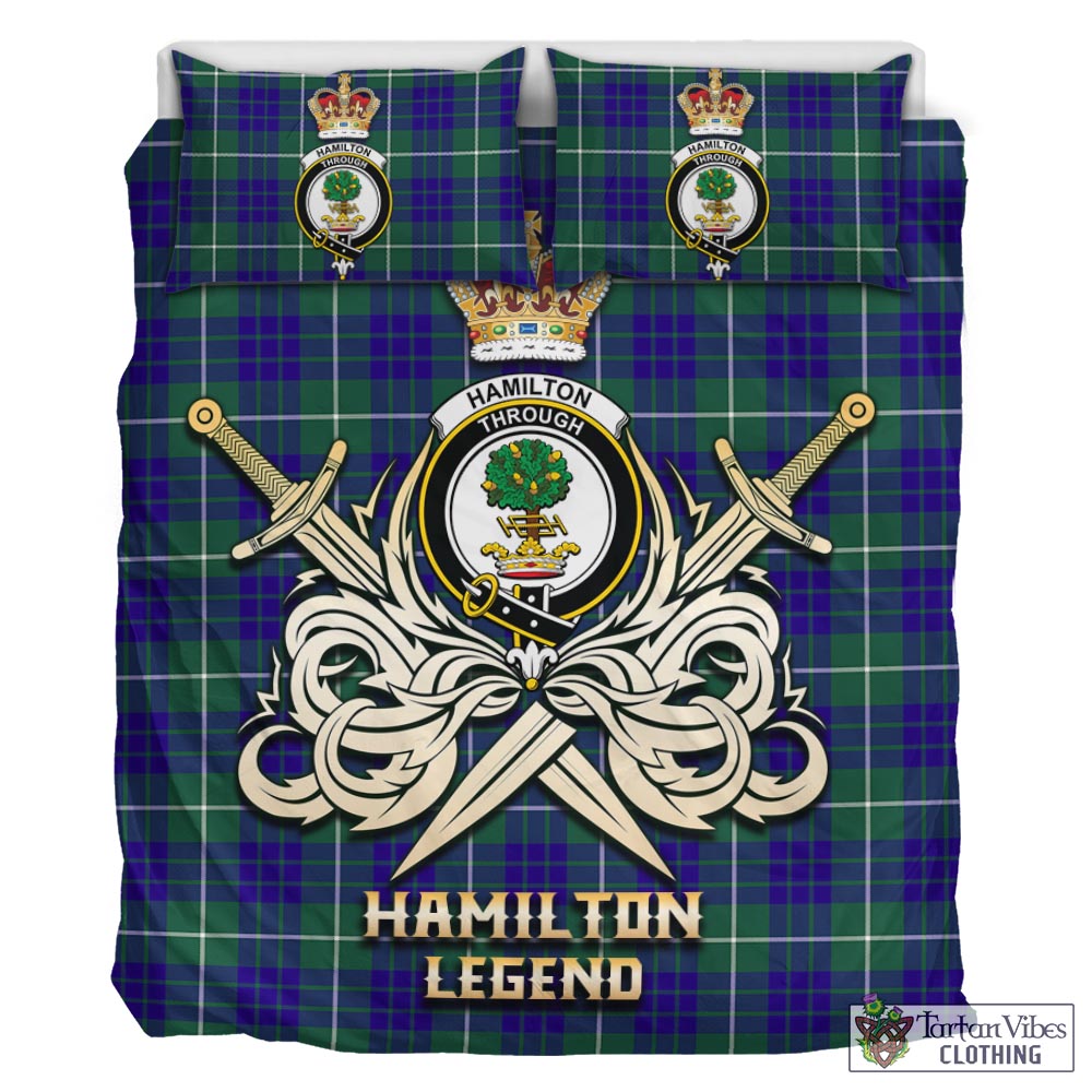 Tartan Vibes Clothing Hamilton Hunting Modern Tartan Bedding Set with Clan Crest and the Golden Sword of Courageous Legacy