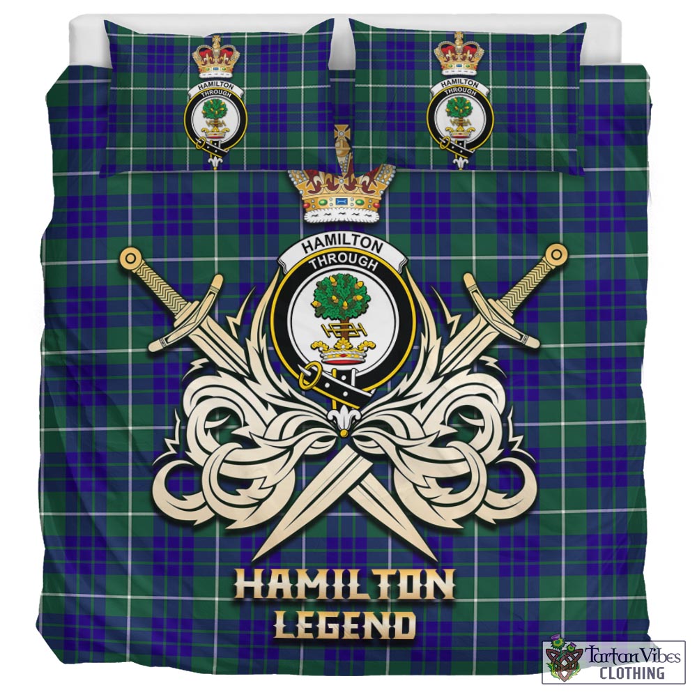 Tartan Vibes Clothing Hamilton Hunting Modern Tartan Bedding Set with Clan Crest and the Golden Sword of Courageous Legacy