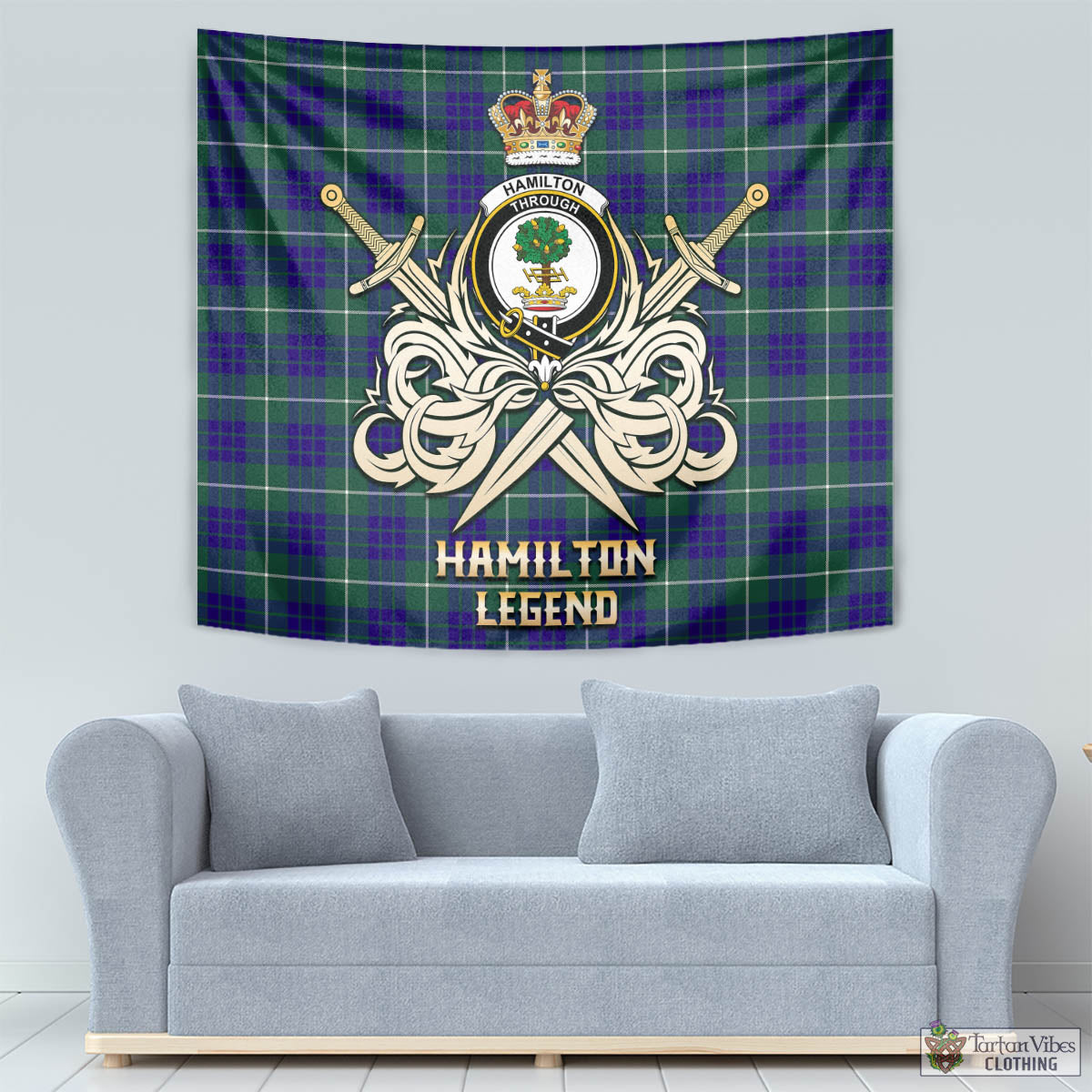 Tartan Vibes Clothing Hamilton Hunting Modern Tartan Tapestry with Clan Crest and the Golden Sword of Courageous Legacy