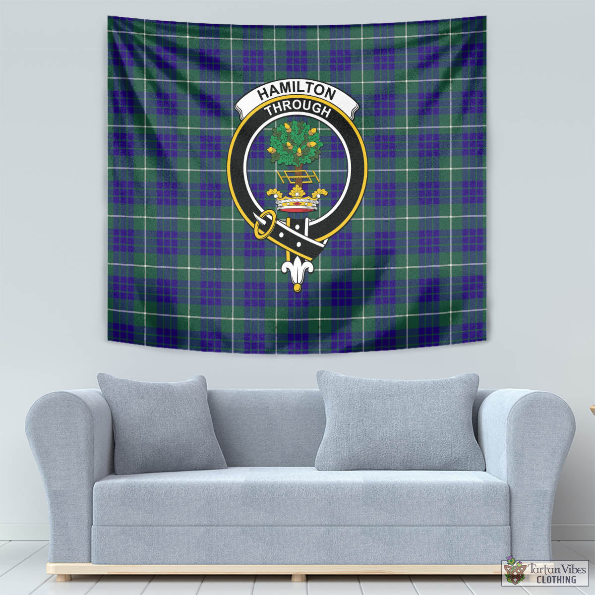 Tartan Vibes Clothing Hamilton Hunting Modern Tartan Tapestry Wall Hanging and Home Decor for Room with Family Crest