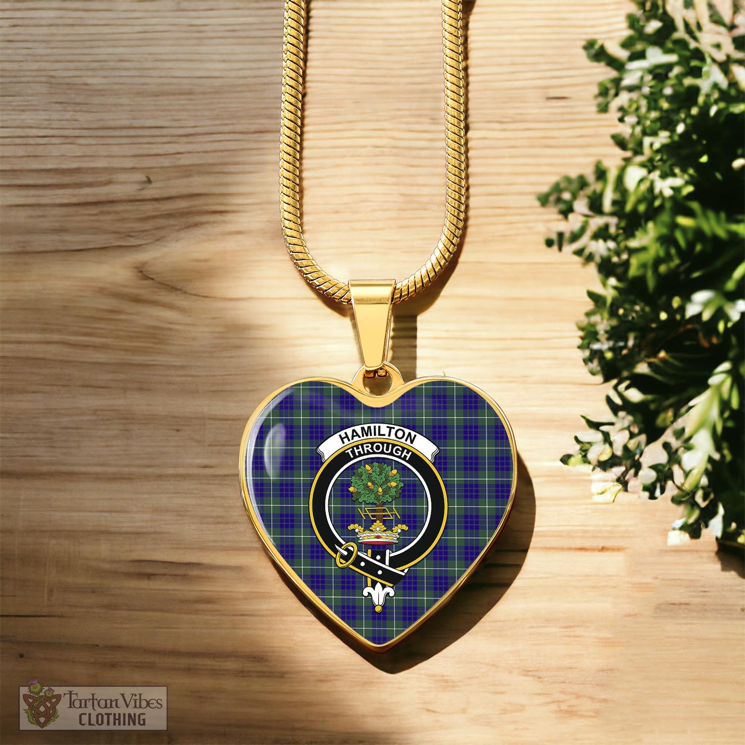 Tartan Vibes Clothing Hamilton Hunting Modern Tartan Heart Necklace with Family Crest