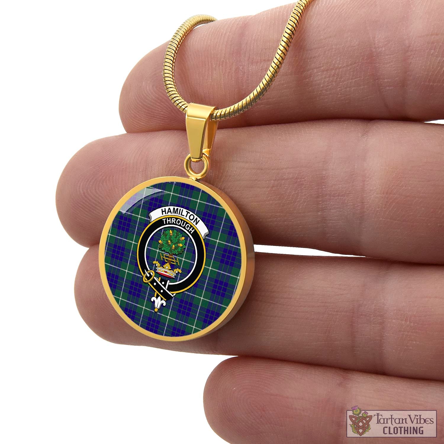 Tartan Vibes Clothing Hamilton Hunting Modern Tartan Circle Necklace with Family Crest