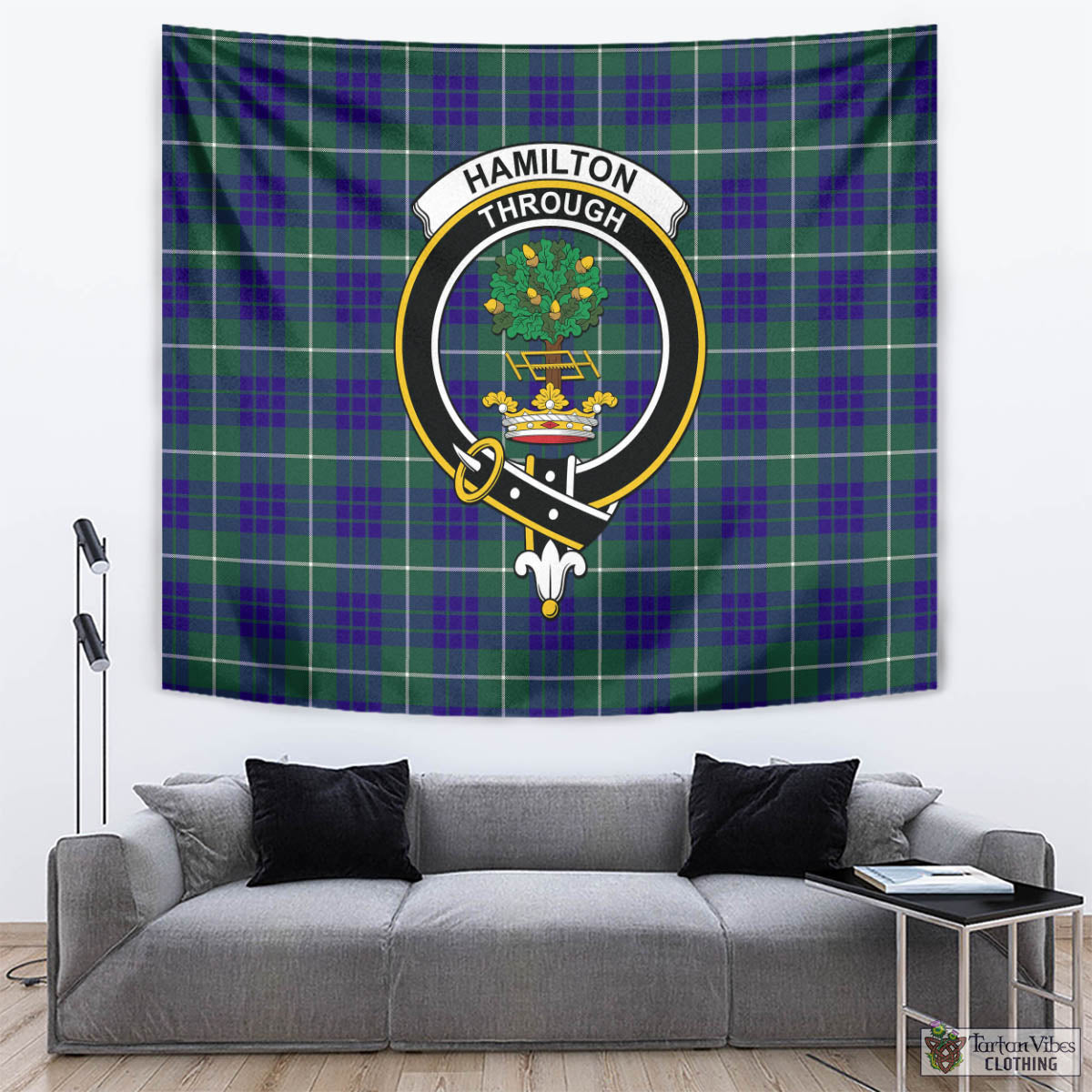 Tartan Vibes Clothing Hamilton Hunting Modern Tartan Tapestry Wall Hanging and Home Decor for Room with Family Crest