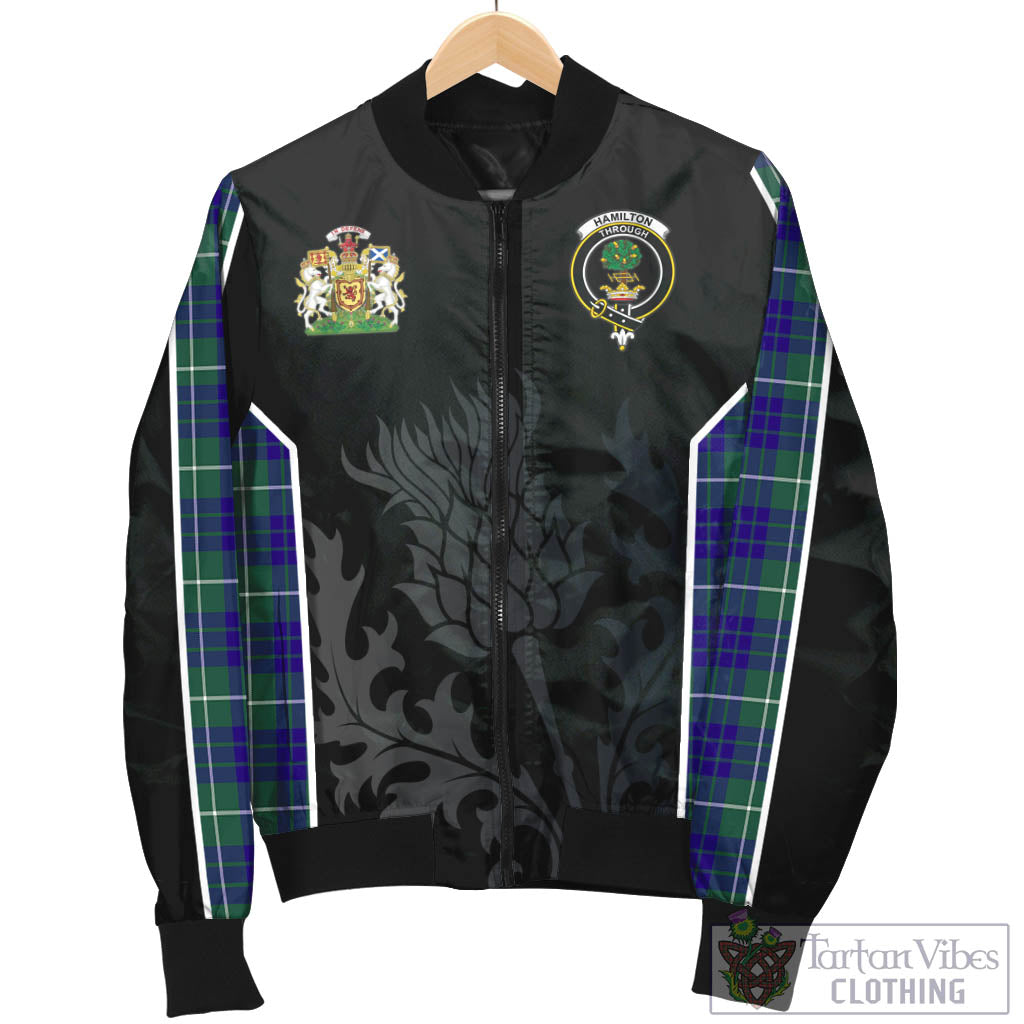 Tartan Vibes Clothing Hamilton Hunting Modern Tartan Bomber Jacket with Family Crest and Scottish Thistle Vibes Sport Style